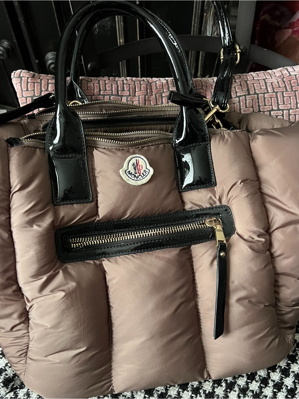 Moncler Brown Quilted Tote with Black Patent Trim and Gold Hardware unisex